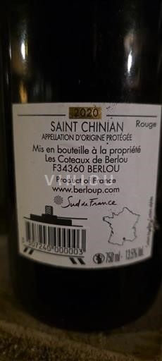 Vina Rouge sec Les Coteaux de Berlou 2020 Francija Langvedok Saint-Chinian AOC