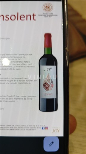 Vina Rouge sec L'Insolent Domaine Joy Non millésimé Francija Jugozahod Côtes de Gascogne IGP