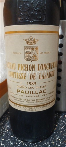 Bordeaux Pauillac Grand Cru Château Pichon Longueville Comtesse de Lalande 1989