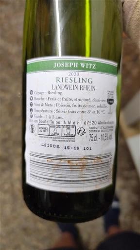 Wines Blanc sec Joseph Witz 2020 France Alsace Riesling AOC