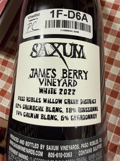 Kalifornialaiset AVA:t Määrittelemätön Saxum James Berry Vineyard White 2022
