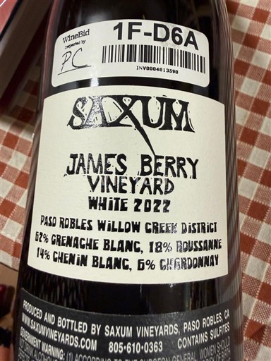 Kalifornialaiset AVA:t Määrittelemätön Saxum James Berry Vineyard White 2020