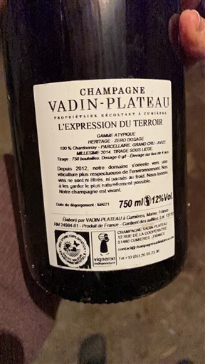 Šumivá vína Blanc brut L'Expression du Terroir Vadin-Plateau 2014 Francie Champagne Šampanské AOC