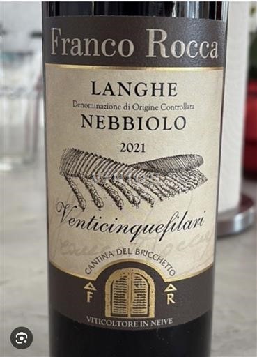 Viner Rouge sec Venticinquefilari Franco Rocca 2021 Italien Piemonte Nebbiolo d'Alba DOC