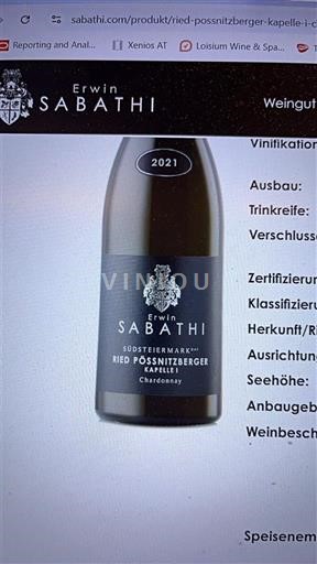 Vin Blanc sec Ried Pössnitzberger Kapelle Chardonnay Erwin Sabathi 2021 Autriche Steiermark Südsteiermark DAC