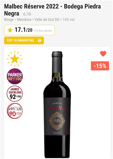 Мендоса Уко долина Bodega Piedra Negra Malbec Réserve 2022