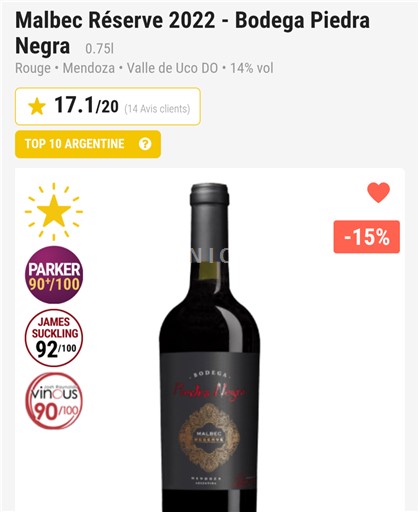 Mendoza Valle de Uco Bodega Piedra Negra Malbec Réserve 2022