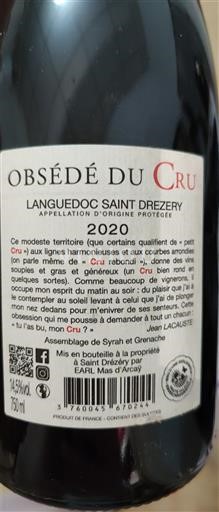 Languedoque Não especificado EARL Mas d'Arcay Obsédé du Cru 2020