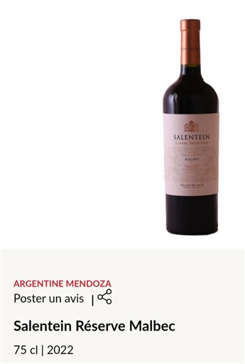 Vin Rouge sec Réserve Malbec Salentein 2022 Argentine Mendoza Valle de Uco