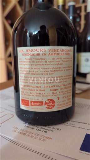 Languedoc și Roussillon Vin de Pays d'Oc Mas Foulaquier Les Amours Vendangeurs Grenache en Amphore 2019