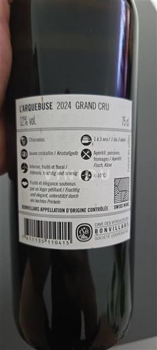 Vaud Bonvillars Grand Cru Cave des Vignerons de Bonvillars L'Arquebuse 2024