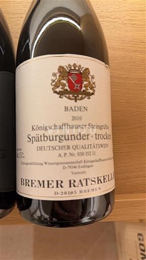 Baden Baden. Bremer Ratskeller Königschaffhauser Steingrüble Spätburgunder - trocken 2010