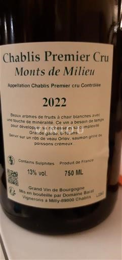 Burgundy Chablis Premier Cru Domaine Bailly Monts de Milieu 2022