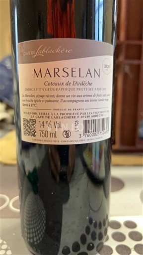 Alpi i Rodoska oblast Кота де Ардеш La Cave de Lablachère Marselan 2020