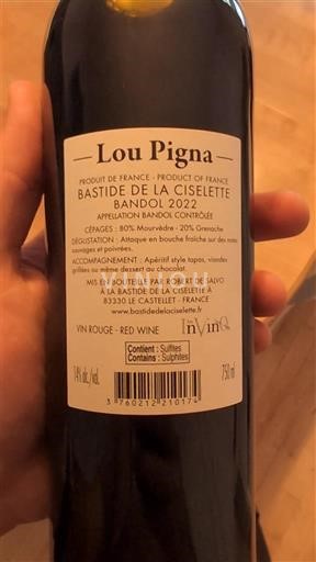 Vinhos Rouge sec Lou Pigna Bastide de la Ciselette 2022 França Provence Bandol AOC