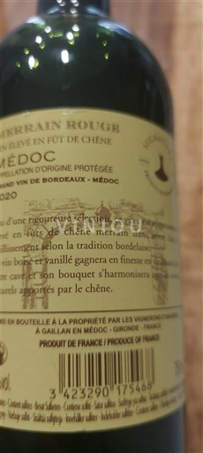 Bordeaux Médoc Guillan Terroirain Rouge élevé en fût de chêne 2020