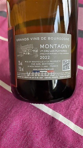 Burgundi Montagny Premier Cru SARL Bedhert 1er Cru Les Platieres 2022