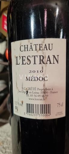 Vin Rouge sec Château L'Estran 2010 France Bordeaux Médoc AOC