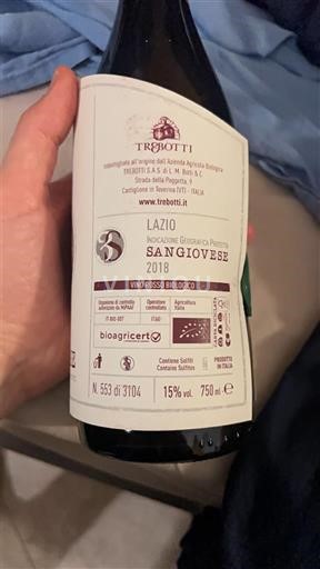 Vin Rouge sec Sangiovese Trebotti 2018 Italia Latium Lazio DOC