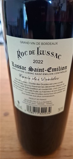 Vin Rouge sec Cuvée des Druides Roc de Lussac 2022 Francuska Bordo Лусак-Сент-Емилион AOC