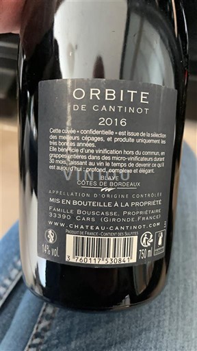 Bordoja Blaye-côtes-de-bordeaux Château Cantinot Orbite de Cantinot 2016