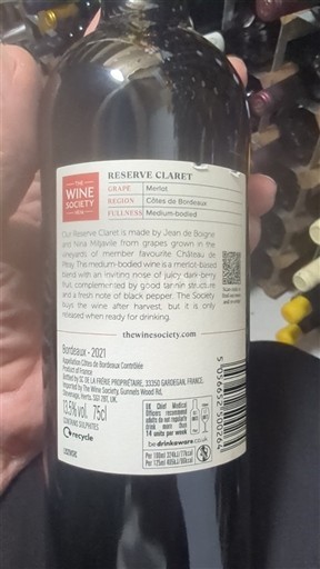 Вина Rouge sec Reserve Claret The Wine Society 2021 Francuska Bordo Кот де Бордо AOC