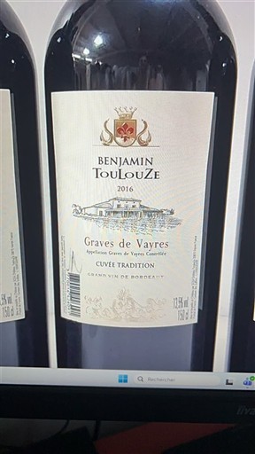 Verërat Rouge sec Tradition Benjamin Toulouze 2016 Francë Bordoja Graves-de-vayres AOC
