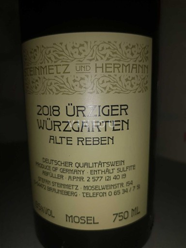 Mosel Steinmetz und Hermann Ürziger Würzgarten Alte Reben 2018