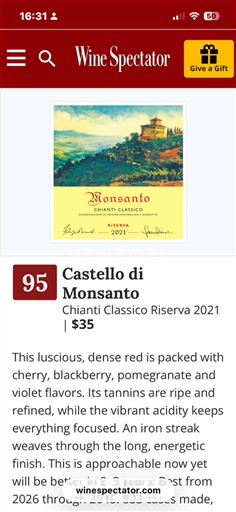 Viner Rouge sec Chianti Classico Riserva Castello di Monsanto 2021 Italia Toscana Chianti Classico DOCG