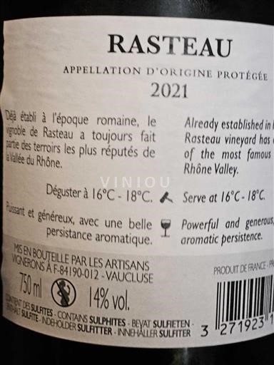 Vini Rouge sec Les Artisans Vignerons de Rasteau 2021 Francia Valle del Rodano Rasteau AOC