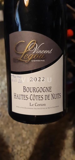 Vinos Rouge sec Le Corton Domaine Vincent Legou 2022 Francia Borgoña Hautes Côtes de Nuits AOC
