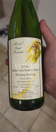 Mosel Weingut Berthold Burg Reiler vom heißen Stein Riesling Auslese Trocken 1998