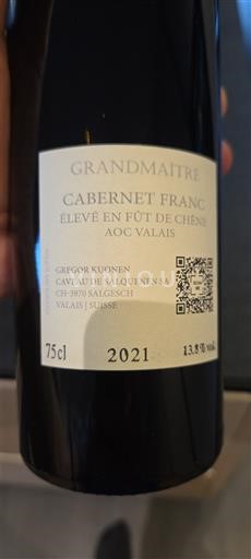 Valais Gregor Kuonen Caveau de Salquenen Grandmaître Cabernet Franc élevé en fût de chêne 2021