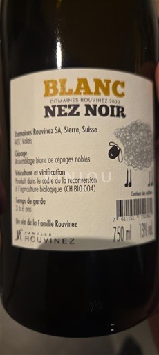 Вале Domaine Domaines Rouvinez Blanc Nez Noir 2022